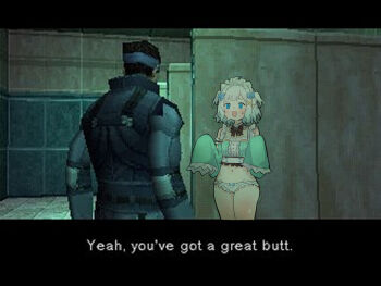 1boy 1girl :d absurdres black_bow black_bowtie blue_eyes blush bow bowtie commentary crossover english_commentary english_text frilled_panties frilled_sleeves frills from_behind game_screenshot_background ghost_girl gradient_hair highres indie_virtual_youtuber indoors letterboxed looking_at_another low_ponytail lowleg lowleg_panties maplesights metal_gear_(series) metal_gear_solid mint_fantome multicolored_hair navel open_mouth panties ponytail scene_reference screenshot_background sleeves_past_fingers sleeves_past_wrists smile solid_snake sweatdrop two_side_up underwear virtual_youtuber white_panties