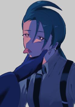 2girls absurdres alternate_breast_size_(larger) awapontasu blue_gloves breasts commentary_request earrings eyes_visible_through_hair geeta_(pokemon) gloves green_hair hand_on_another's_chin highres jewelry long_hair medium_breasts multiple_girls nintendo pokemon pokemon_sv ponytail rika_(pokemon) suspenders tongue tongue_out triangle_earrings yuri