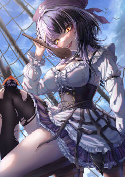 1girl absurdres alternate_costume arm_belt belt black_belt black_corset black_hair black_hat black_thighhighs blue_sky blurry blurry_background blush breasts caviar cloud cloudy_sky commentary corset day dress english_commentary food grey_hair hair_ornament hat highres holding hololive hololive_english index_finger_raised jewelry knee_up large_breasts long_hair long_sleeves looking_at_viewer multicolored_hair open_mouth outdoors pirate rice ring shiori_novella simple_bird single_thighhigh skull_print sky solo split-color_hair sushi thighhighs tongue tongue_out torn_clothes torn_thighhighs two-tone_hair virtual_youtuber white_dress wooden_ladle yellow_eyes yorick_(shiori_novella) zolomon_(jarvis_lin)