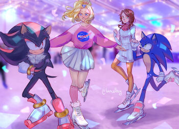blonde_hair blue_eyes brown_hair green_eyes highres ice_skates ice_skating lancelhog logo maria_robotnik nasa_logo princess_elise_the_third red_eyes shadow_the_hedgehog skates skating skirt sonic_(series) sonic_the_hedgehog