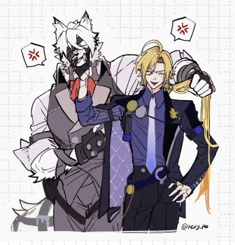 Rule 34 | 2boys, anger vein, artist name, black gloves, blonde hair, closed eyes, commentary request, cowboy shot, fingerless gloves, gloves, hair between eyes, hand on own hip, highres, hugo vlad, long hair, male focus, multiple boys, open mouth, rcry po, short hair, smile, von lycaon, white hair, zenless zone zero