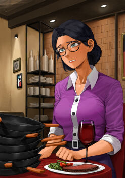 1girl alcohol belt black_hair blue_eyes breasts collared_shirt cup drinking_glass food frying_pan glasses hair_bun highres meat miss_pauling plate purple_shirt red_wine shirt short_hair solo steak team_fortress_2 wine wine_glass yangmal_jelly