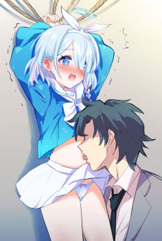 1boy 1girl arms_up arona_(blue_archive) black_necktie blue_archive blue_eyes blue_hair blue_halo blue_panties blue_shirt blush bow bow_hairband bow_panties braid clothes_lift collared_shirt colored_inner_hair commentary_request faceless faceless_male grey_jacket hair_bow hairband halo hetero highres jacket licking licking_navel long_sleeves multicolored_hair necktie nose_blush open_mouth panties pink_hair puffy_long_sleeves puffy_sleeves restrained sailor_collar sailor_shirt school_uniform sensei_(blue_archive) sensei_(blue_archive_the_animation) serafuku shirokuma-kun shirt side_braid skirt skirt_lift streaked_hair suit_jacket trembling two-tone_hair underwear white_bow white_hairband white_sailor_collar white_shirt white_skirt