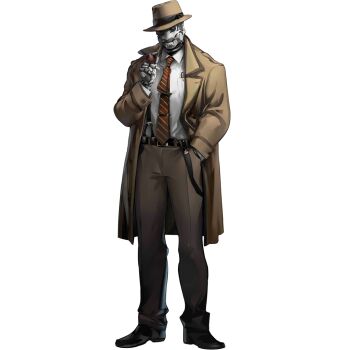 1boy arknights brown_coat brown_hat brown_pants brown_theme coat diagonal-striped_clothes diagonal-striped_necktie facial_hair formal_clothes full_body hand_in_pocket hat holding holding_smoking_pipe male_focus mustache necktie official_art pants pipe_in_mouth red_necktie robot shutun simple_background single_suspender_hanging smoking_pipe solo standing striped_clothes suspender_pants suspenders tachi-e third-party_source tin_man_(arknights) transparent_background trench_coat