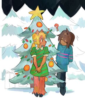 1girl 1other ? antlers black_boots black_pantyhose blonde_hair blue_shorts blue_sweater boots brown_fur brown_hair christmas_ornaments christmas_tree commentary deer_antlers deer_girl double_horizontal_stripe dress english_commentary frisk_(undertale) furry furry_female goomyloid green_dress highres hooves horns long_hair long_sleeves looking_at_another noelle_holiday pantyhose pantyhose_under_shorts short_hair short_sleeves shorts star_(symbol) striped_clothes striped_dress striped_sweater sweater undertale utdr_(toby_fox) v_arms