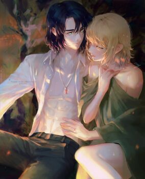 1boy 1girl abs artist_name athrun_zala bare_shoulders bed_sheet black_pants blonde_hair blue_hair cagalli_yula_athha collared_shirt commentary_request couple cowboy_shot embers green_eyes gundam gundam_seed hair_between_eyes hand_on_another's_stomach hand_on_own_chest hetero highres inhouhou jewelry looking_at_another medium_hair midriff naked_sheet necklace open_clothes open_shirt outdoors pants parted_bangs shirt sitting twitter_username watermark white_shirt yellow_eyes