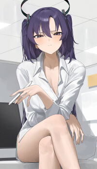 1girl absurdres black_halo blue_archive breasts cleavage closed_mouth commentary_request crossed_arms halo highres holding holding_pen indoors long_hair looking_at_viewer mechanical_halo medium_breasts mm_(mhm2592) partial_commentary pen purple_eyes purple_hair screen shirt sitting solo thighs two_side_up white_shirt yuuka_(blue_archive)