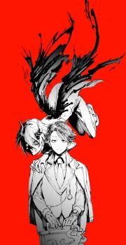 2boys absurdres aesop_carl aesop_carl_(trickster) black_sclera briefcase bububuki colored_sclera demon_horns fingernails floating frown gloves hands_on_another&#039;s_shoulders highres holding holding_briefcase horns identity_v jacket jacket_on_shoulders lapels looking_at_viewer male_focus multiple_boys necktie official_alternate_costume partially_colored partially_shaded_face red_background sharp_fingernails smile stitched_mouth stitches straight-on tentacles victor_grantz victor_grantz_(keyboard) watch wristwatch