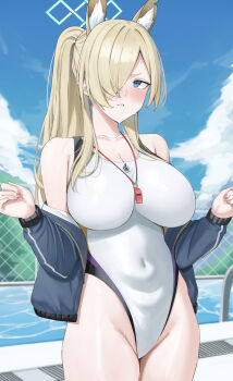 1girl absurdres animal_ears bare_shoulders blonde_hair blue_archive blue_eyes blue_jacket blue_sky blush breasts clenched_teeth covered_navel dog_ears extra_ears hair_over_one_eye halo highleg highleg_one-piece_swimsuit highres jacket kanna_(blue_archive) kanna_(swimsuit)_(blue_archive) large_breasts long_hair long_sleeves looking_at_viewer off_shoulder one-piece_swimsuit ponytail poolside ref_(pmxt4483) sharp_teeth sidelocks sky swimsuit teeth thighs white_one-piece_swimsuit