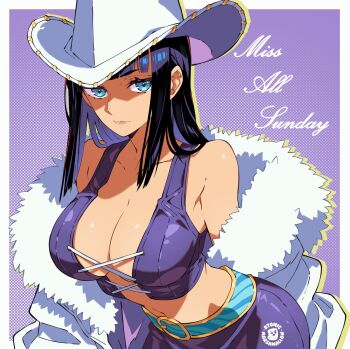 1girl 2025 artist_name atomicmrshmallw bare_shoulders black_hair blue_eyes blunt_bangs breasts center_opening character_name cleavage_cutout closed_mouth clothing_cutout coat collarbone cowboy_hat cross-laced_clothes cross-laced_top dark-skinned_female dark_skin fur-trimmed_coat fur_trim halftone halftone_background hat highres large_breasts long_hair looking_at_viewer midriff navel nico_robin nico_robin_(alabasta) one_piece purple_skirt shiny_clothes skirt solo white_coat white_hat