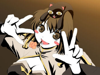 1girl animal animal_on_head arch_bishop_(ragnarok_online) black_cat blush_stickers breasts brown_background brown_eyes brown_hair cat cat_on_head cleavage cleavage_cutout clothing_cutout commentary_request double_w dress flower fumizuki_kei grey_dress high_contrast large_breasts looking_at_viewer on_head open_mouth pink_flower ragnarok_online smile solo upper_body w
