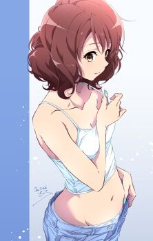 1girl blue_pants breasts brown_hair collarbone commentary_request dated denim hibike!_euphonium highres jeans navel nii_manabu oumae_kumiko panties pants panty_peek short_hair small_breasts solo stomach tank_top underwear unzipped white_tank_top
