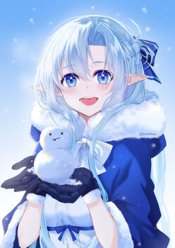 Rule 34 | 1girl, :d, absurdres, asuna (sao), asuna (sao-alo), black gloves, blue bow, blue eyes, blue hair, blush, bow, commentary, elf, fur trim, gloves, gradient background, hair between eyes, hair bow, highres, holding snowman, hood, hood down, istriri, light blue hair, long hair, looking at viewer, open mouth, pointy ears, smile, snowing, snowman, solo, sword art online, teeth, twitter username, white bow