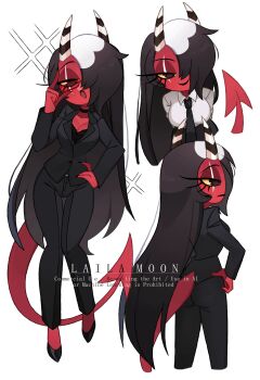 1girl :o alternate_costume artist_name black_bra black_choker black_hair black_jacket black_lips black_necktie black_pants black_shoes bra breasts bulge choker collared_shirt colored_skin commentary demon_girl demon_horns demon_tail full_body glasses hair_over_one_eye half-closed_eyes hand_on_own_hip hellaverse helluva_boss high_heels highres horns jacket knees_together_feet_apart lace lace-trimmed_bra lace_trim lapels lipstick long_hair long_sleeves looking_at_viewer makeup medium_breasts multicolored_hair multiple_views necktie notched_lapels open_mouth pants rectangular_eyewear red-framed_eyewear red_skin sallie_may_(helluva_boss) scar scar_across_eye scar_on_face shirt shoes simple_background smile striped_horns symbol-only_commentary tail trisiyamoon two-tone_hair underwear very_long_hair white_background white_hair white_shirt wing_collar