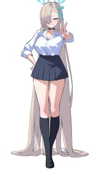 Rule 34 | 1girl, absurdres, asuna (blue archive), asuna (school uniform) (blue archive), black shoes, black skirt, black socks, blonde hair, blue archive, blue eyes, blue halo, blush, breasts, choker, cleavage, collarbone, full body, grin, hair over one eye, hair ribbon, halo, highres, katagiri nanoka, large breasts, long hair, looking at viewer, pleated skirt, ribbon, shirt, shoes, skirt, sleeves rolled up, smile, socks, solo, thighs, v, very long hair, white background, white shirt