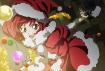 Rule 34 | 1boy, 1girl, chimney, christmas, dress, fake antlers, fumiko (mesushi), fur-trimmed dress, fur-trimmed headwear, fur trim, hat, holding, holding sack, iria animi, open mouth, red dress, red eyes, red hair, red hat, ruca milda, sack, santa costume, santa dress, santa hat, short hair, smile, tales of (series), tales of innocence, very short hair, white hair