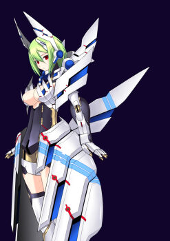1girl arms_at_sides breasts cleavage closed_mouth eternal_form gradient_background hair_between_eyes headgear legs_together light_green_hair mecha_musume medium_breasts phantasy_star phantasy_star_portable_2 phantasy_star_portable_2_infinity purple_background red_eyes shinjou_satomi short_hair solo standing thighhighs turtleneck white_thighhighs
