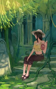 1girl absurdres black_hair dark-skinned_female dark_skin day forest grass hat high_heels highres nature nico_robin one_piece outdoors rygge solo striped_clothes sunlight