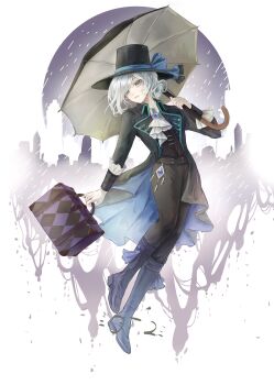 1girl absurdres apron black_boots black_coat black_hat black_pants black_umbrella black_vest blue_bow boots bow building coat collared_shirt full_body grey_eyes grey_hair hair_bun hat hat_bow highres holding holding_suitcase holding_umbrella looking_at_viewer pants pants_tucked_in reverse:1999 shirt short_hair single_side_bun solo suitcase top_hat umbrella umbrella_over_shoulder vertin_(reverse:1999) vest waistcoat white_apron white_background white_shirt yangtong_:d~~