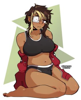 1girl absurdres alt_text artist_name barefoot black_choker breasts brown_hair bulge choker cleavage commentary ear_piercing english_commentary eyepatch farah_reyes highres jacket large_breasts multicolored_hair nail_polish navel of_the_devil piercing red_jacket solo streaked_hair subspaceskater