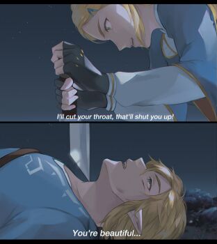1boy 1girl 2koma absurdres angry blade_to_throat blonde_hair blue_dress blue_eyes blue_tunic comic derivative_work dress english_text eye_contact fingerless_gloves gloves green_eyes hair_between_eyes hair_ornament hairclip half-closed_eyes highres holding holding_weapon injury lavabun link long_hair long_sleeves looking_at_another lying mononoke_hime night nintendo on_back open_mouth out_of_character outdoors pointy_ears princess_zelda shirt sky subtitled talking teeth the_legend_of_zelda the_legend_of_zelda:_breath_of_the_wild threatening tunic upper_body upper_teeth_only weapon white_shirt wide_sleeves