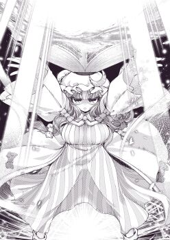 0-den 1girl absurdres arms_up book breasts coat crescent crescent_hat_ornament dress fire greyscale grimoire hat hat_ornament highres large_breasts long_hair magic mob_cap monochrome open_book patchouli_knowledge pyrokinesis serious striped_clothes striped_dress touhou