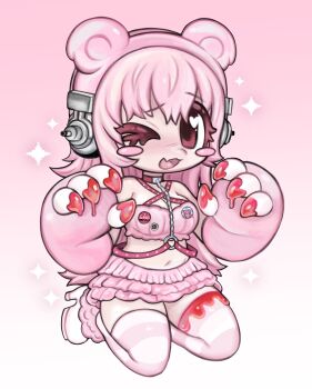 Rule 34 | > o, 1girl, animal ear headphones, animal ears, animal hands, bare shoulders, bear ear headphones, bear ears, bear paws, belt, blood, blush stickers, boots, breasts, chibi, chibi only, cleavage, collar, commentary, cosplay, crop top, english commentary, fake animal ears, fang, frilled shirt, frilled skirt, frills, gloomy bear, gloomy bear (cosplay), gloves, gradient background, grg x super sonico, headphones, highres, itazuraguma no gloomy, large breasts, long hair, looking at viewer, navel, nitroplus, one eye closed, open mouth, paw gloves, paw pose, pink background, pink belt, pink collar, pink hair, pink shirt, pink skirt, plushvampy, shirt, skin fang, skirt, solo, sparkle, striped clothes, striped thighhighs, super sonico, thighhighs, white background, white boots