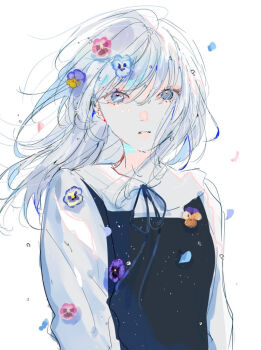 1girl black_dress commentary_request dress flower hagimorijia hair_flower hair_ornament long_hair looking_at_viewer neck_ribbon original pansy pinafore_dress ribbon shirt sleeveless sleeveless_dress solo upper_body white_background white_hair white_shirt