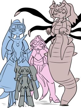 1boy 3girls cartier_(kasugai_(de-tteiu)) commentary dialga drago_(kasugai_(de-tteiu)) eve_(kasugai_(de-tteiu)) fake_horns flat_color gen_4_pokemon gen_8_pokemon giratina giratina_(origin) high_ponytail horned_headwear horns kasugai_(de-tteiu) lamia legendary_pokemon looking_at_viewer maiden_(kasugai_(de-tteiu)) monster_girl multiple_girls nintendo palkia personification pokemon ponytail regidrago staring sweatdrop tentacles twintails