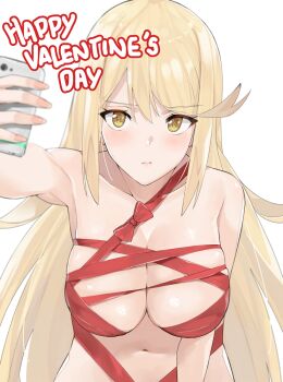 1girl bare_shoulders blonde_hair blush breasts closed_mouth female_focus holding holding_phone j@ck large_breasts long_hair looking_at_viewer mythra_(xenoblade) naked_ribbon nintendo phone red_ribbon ribbon selfie simple_background solo swept_bangs valentine very_long_hair white_background xenoblade_chronicles_(series) xenoblade_chronicles_2 yellow_eyes