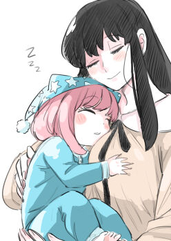 2girls absurdres adoptive_parent_and_adoptive_child anya_(spy_x_family) ayuhata_toba barefoot black_hair black_ribbon blue_hat blush breasts carrying carrying_person child closed_eyes closed_mouth commentary_request hand_on_another's_back hand_on_another's_chest hat highres large_breasts long_hair long_sleeves loose_hair_strand medium_hair mother_and_daughter motherly multiple_girls neck_ribbon nightcap nightgown onesie parted_lips pink_hair princess_carry print_hat ribbon sidelocks simple_background sleeping smile spy_x_family star_(symbol) star_print straight_hair white_background yellow_nightgown yor_briar zzz