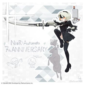 1boy 1girl 2b_(nier:automata) a2_(nier:automata) anniversary black_dress black_hairband blindfold blush boots chibi dress full_body hairband high_heel_boots high_heels highres holding holding_sword holding_weapon moose nier:automata nier_(series) official_art open_mouth pod_(nier:automata) seki_hayato smile sword thigh_boots virtuous_contract weapon