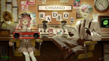 1boy 1girl absurdres aqua_eyes beret black_pants chair commentary facial_mark figure_four_sitting gloves green_hair hat high-waist_shorts highres holding_radio ihama indoors joe_rikiichi lipstick long_hair long_sleeves makeup microphone multicolored_hair niginigi_nijitown nijisanji on_chair pants pantyhose phonograph pink_hair podcast poster_(object) radio rikiham-chan_(joe_rikiichi) short_hair shorts sitting stuffed_toy suo_sango suspenders table teardrop_facial_mark two-tone_hair untranslatable_commentary virtual_youtuber white_pantyhose