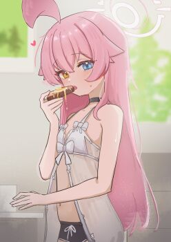 absurdres ahoge black_choker black_shorts blue_archive bread bread_slice choker commentary eating food fried_egg fried_egg_on_toast halo heterochromia high_(hgih) highres hoshino_(blue_archive) long_hair looking_at_viewer pink_hair pink_halo ribbon shorts sleepwear toast
