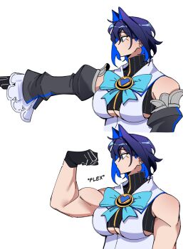 Rule 34 | 1girl, absurdres, alternate muscle size, black gloves, blue eyes, blue hair, breasts, clothing cutout, detached sleeves, flexing, gloves, highres, hololive, hololive english, large breasts, mochiparrot, muscular, muscular female, ouro kronii, ouro kronii (1st costume), short hair, simple background, upper body, white background
