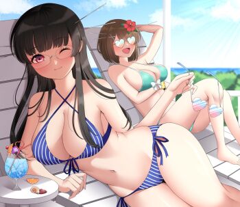 2girls alcohol aqua_bikini beach bikini black_hair blue_bikini blush breasts brown_hair chair choukai_(kancolle) choukai_(swimsuit)_(kancolle) cup day glasses hair_ornament heart heart-shaped_eyewear highres kantai_collection long_hair looking_at_viewer lying maya_(kancolle) maya_(swimsuit)_(kancolle) medium_breasts multiple_girls red_eyes rimless_eyewear sand short_hair sitting smile sunglasses swimsuit tinted_eyewear water yomogi_dango