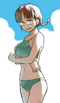1girl akizuki_ritsuko alternate_breast_size_(larger) antenna_hair b_suke bikini braid breasts brown_eyes brown_hair commentary_request cowboy_shot glasses green_bikini halterneck idolmaster idolmaster_(classic) large_breasts navel solo sweatdrop swimsuit