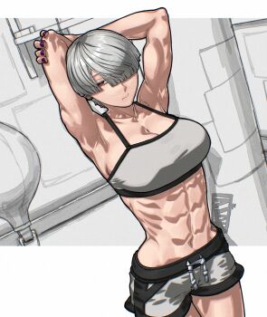 1girl abs adversarial_noise arms_up boxing_shorts breasts cleavage closed_mouth collarbone cowboy_shot grey_hair grey_sports_bra highres large_breasts looking_at_viewer navel one_eye_covered original purple_nails red_eyes rggr shorts solo sports_bra toned toned_female unno_nazuna_(rggr)