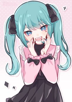 Rule 34 | 1girl, :d, black bow, black skirt, blood, blood on hands, blue eyes, blue hair, bow, commentary, cowboy shot, hair bow, hands up, hatsune miku, highres, jirai kei, long hair, long sleeves, looking at viewer, open mouth, pink shirt, pleated skirt, shirt, skirt, sleeve bow, smile, solo, twintails, vampire (vocaloid), vocaloid, yukomeow