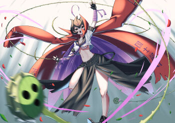 Rule 34 | 1girl, :o, absurdres, ankle boots, arm up, bancholilimon, banchou, bandaged arm, bandages, belt, black boots, black eyes, black sailor collar, black skirt, blurry, boots, breasts, coat, coat on shoulders, collarbone, commentary, crop top, delinquent, digimon, digimon (creature), fingerless gloves, gloves, groin, highres, kotatsu (nukunuku), long skirt, lowleg, lowleg skirt, medium breasts, navel, neckerchief, open mouth, plant, purple neckerchief, red coat, sailor collar, school uniform, shirt, short sleeves, skirt, solo, stomach, teeth, thorns, underboob, unzipped, upper teeth only, vines, white shirt, wings, yo-yo, zipper