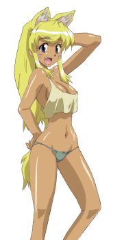 1girl absurdres animal_ears arm_behind_head armpits blue_eyes breasts cleavage dark-skinned_female dark_skin fangs hand_on_own_hip highres legs liru looking_at_viewer medium_breasts navel open_mouth panties renkin_san-kyuu_magical_pokaan sideboob smile solo tail tank_top thighs underwear wolf_ears wolf_tail