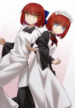 2girls apron black_dress black_kimono blue_bow blue_eyes bow breasts brown_eyes dress hair_bow highres hisui_(tsukihime) japanese_clothes juliet_sleeves kimono kohaku_(tsukihime) long_sleeves looking_at_viewer maid_headdress multiple_girls neck_ribbon puffy_sleeves red_hair ribbon short_hair siblings sisters small_breasts tsukihime tsukihime_(remake) twins white_apron wide_sleeves yubeshi_(zecxl)