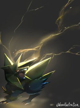 absurdres animal_focus bo_(bouillustration) claws electricity fangs gen_3_pokemon highres manectric mega_manectric mega_pokemon nintendo no_humans open_mouth pokemon pokemon_(creature) pokemon_focus red_eyes spikes yellow_fur