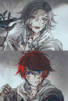 2boys 7nite :d absurdres ahoge aotsuki_eito black_gloves black_jacket black_streaks blood blood_on_clothes blood_on_face blood_on_hands blue_eyes broken_eyewear clothes_grab commentary crying crying_with_eyes_open glasses gloves grey_hair grey_jacket highres holding hood hoodie jacket jacket_over_hoodie looking_at_viewer male_focus multicolored_hair multicolored_jacket multiple_boys open_mouth purple_eyes red_hair short_hair smile split_screen spoilers streaked_hair streaming_tears sumino_takumi symbol-only_commentary tears teeth the_hundred_line_-last_defense_academy- two-tone_jacket upper_teeth_only white_hoodie white_jacket