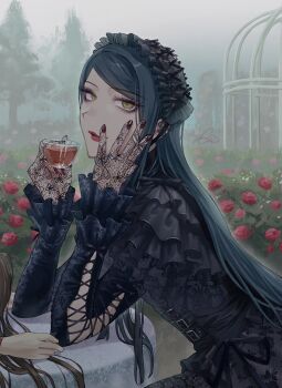 1boy alternate_costume belt black_dress black_headdress cage commentary_request cross-laced_clothes cross-laced_sleeves crossdressing crossdressing_(mtf) cup danganronpa_(series) danganronpa_v3:_killing_harmony dress drinking_glass eyelashes eyeliner eyeshadow flower fog frilled_dress frilled_sleeves frills from_side gloves gothic_lolita highres holding holding_cup katahaba_(wawawa_wa_haha) lace lace_gloves light_smile lipstick lolita_fashion long_hair looking_at_viewer makeup male_focus multiple_belts nail_polish outdoors red_flower red_lips red_rose rose rose_bush shinguji_korekiyo sitting solo_focus table teacup trap tree very_long_hair yellow_eyes
