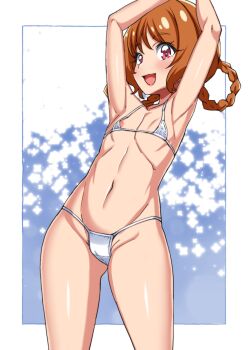 1girl armpits arms_up asortofcolorfag bikini blush brown_hair cameltoe colorized covered_erect_nipples delicious_party_precure eyebrows_hidden_by_hair flat_chest hair_rings hanamichi_ran highres large_variant_set looking_at_viewer medium_hair miyagoe_yoshitsuki navel open_mouth precure red_eyes smile solo stomach swimsuit variant_set white_bikini