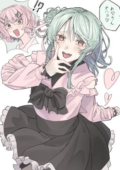 Rule 34 | !?, 2girls, absurdres, amaori renako, black bow, blue hair, blush, bow, commentary request, fang, finger to cheek, frilled shirt, frilled skirt, frilled sleeves, frills, heart, highres, jirai kei, koyanagi kaho, multiple girls, open mouth, pink hair, pink shirt, purple eyes, shirt, skirt, speech bubble, surprised, sweat, tasuperu, translation request, watashi ga koibito ni nareru wake naijan murimuri!, yellow eyes