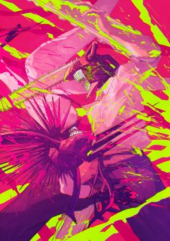 1boy 1girl absurdres belt black_gloves black_pants blood bow_(weapon) chainsaw chainsaw_man collared_shirt colored_blood commentary_request crossbow denji_(chainsaw_man) fighting gloves green_blood highres kuromakigaeru open_mouth pants pink_background quanxi_(chainsaw_man) sharp_teeth shirt simple_background spikes splatter teeth weapon white_shirt