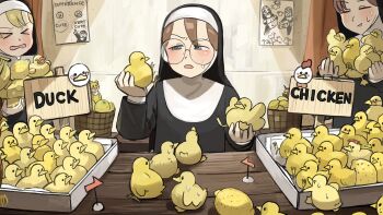 3girls arrow_(symbol) baby_animal banana basket bird box cheese chick chicken clumsy_nun_(diva) diva_(hyxpk) doll duck duckling food frog fruit glasses_nun_(diva) highres hungry_nun_(diva) lemon little_nuns_(diva) multiple_girls nun object_on_head orange_(fruit) out_of_frame poster_(object) queue rubber_duck sign slice_of_life traditional_nun wavy_mouth
