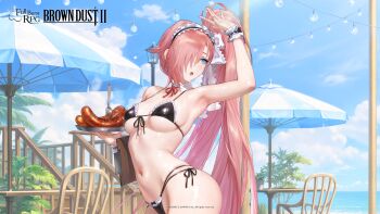 1girl absurdres arm_up armpits bare_shoulders beach beach_umbrella bikini black_bikini blue_eyes blue_sky blush bow breasts brown_dust_(series) brown_dust_2 chair cleavage clipboard cloud collarbone copyright_name copyright_notice cowboy_shot day detached_collar food fork frilled_bikini frilled_bow frills groin hair_between_eyes hair_bow hair_over_one_eye highres holding holding_clipboard holding_tray lamp large_breasts long_hair looking_to_the_side maid maid_bikini maid_headdress multi-strapped_bikini_bottom navel neck_ribbon ocean official_alternate_costume official_art official_wallpaper open_mouth outdoors railing red_ribbon ribbon rubia_(brown_dust) sausage side-tie_bikini_bottom side_ponytail single_sidelock skindentation sky solo stairs standing stomach swimsuit table tray umbrella unconventional_maid very_long_hair white_bow wooden_railing wrist_cuffs